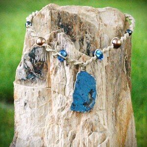 Unique Blue Metallic Stone on a 15 1/4" Handmade Brown Hemp Choker